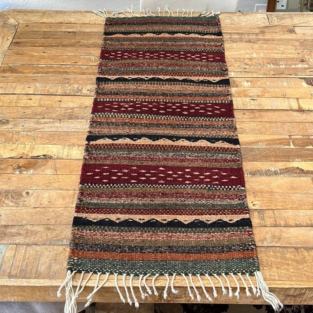 Oriental Kilim Rug Fringe 15 x 38.5" Geometric Wool